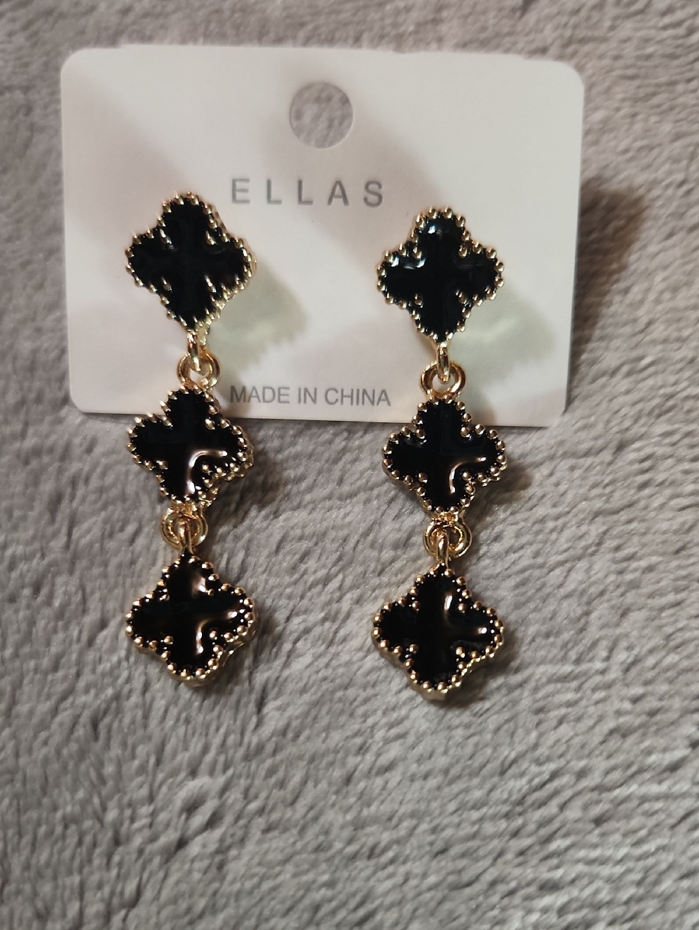 Ella Black Enamel and Gold-Tone Triple Clover Drop Earrings